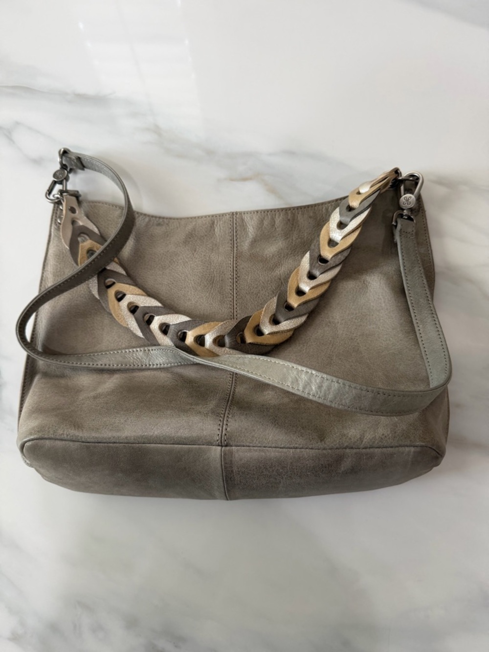 HOBO Shimmery Silver Leather Crossbody with Braided Metallic Accent Handle